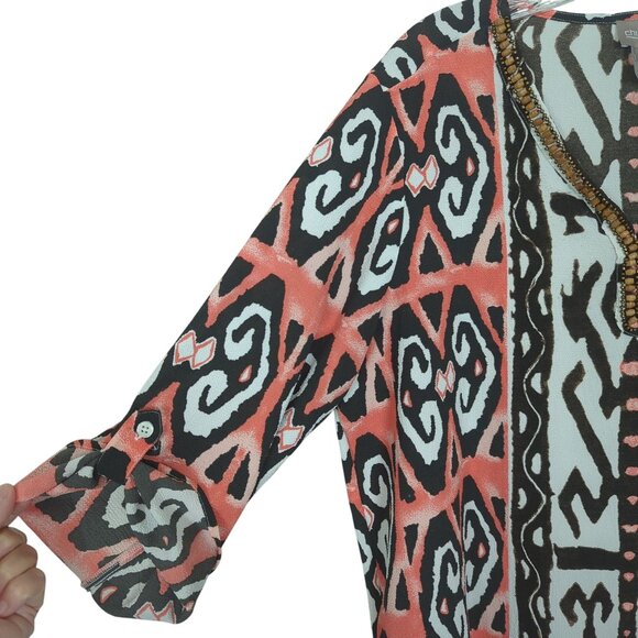 Chico's size‎ 2 / L brown coral geometric Tunic long sleeve tab sleeve V neck - Picture 5 of 16